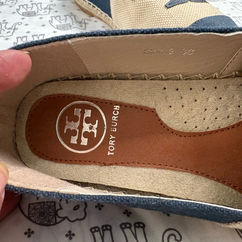 Tory Burch Beige Canvas Espadrilles with Navy Trim and Logo Insole